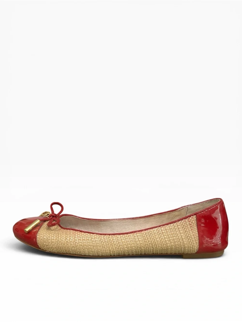 Michael Kors Jordana Ballet Flats Red Patent Straw 7M Bow MK Logo